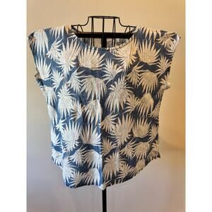 Rachel Zoe 100% Linen Palm Print Blouse Blue White Women Large